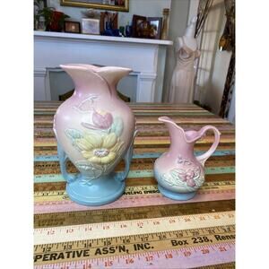Vintage 2 HULL ART POTTERY Pink WILD FLOWER Vase Pitcher 2 PC 2X5 8.5 Inches USA